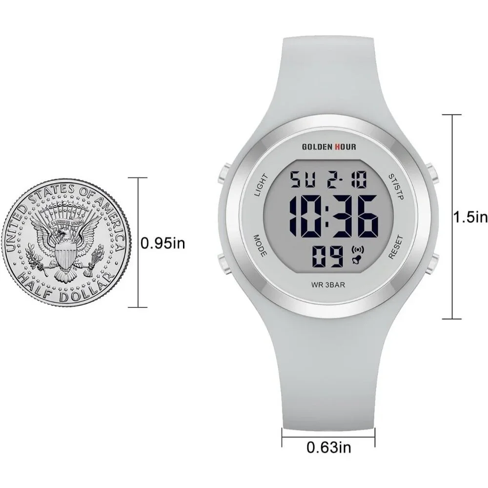 Unisex Grey Silicone Digital Sports Gold Bezel Water-Resistant Alarm Stopwatch